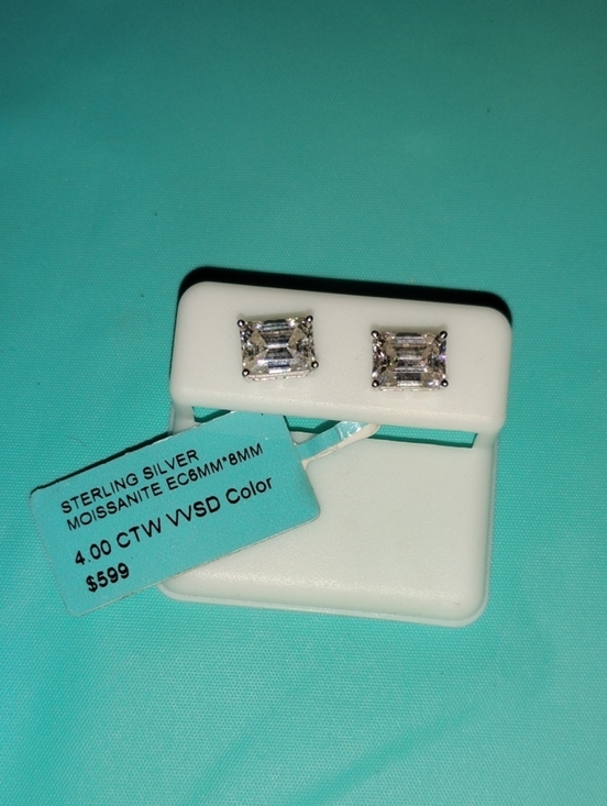 Jewelry - Sterling Silver Emerald-Cut Moissanite Stud Earrings - Clear